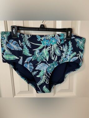 Lands' End Navy One-Piece Swimsuit Bottom  with Aqua & Teal Floral Print